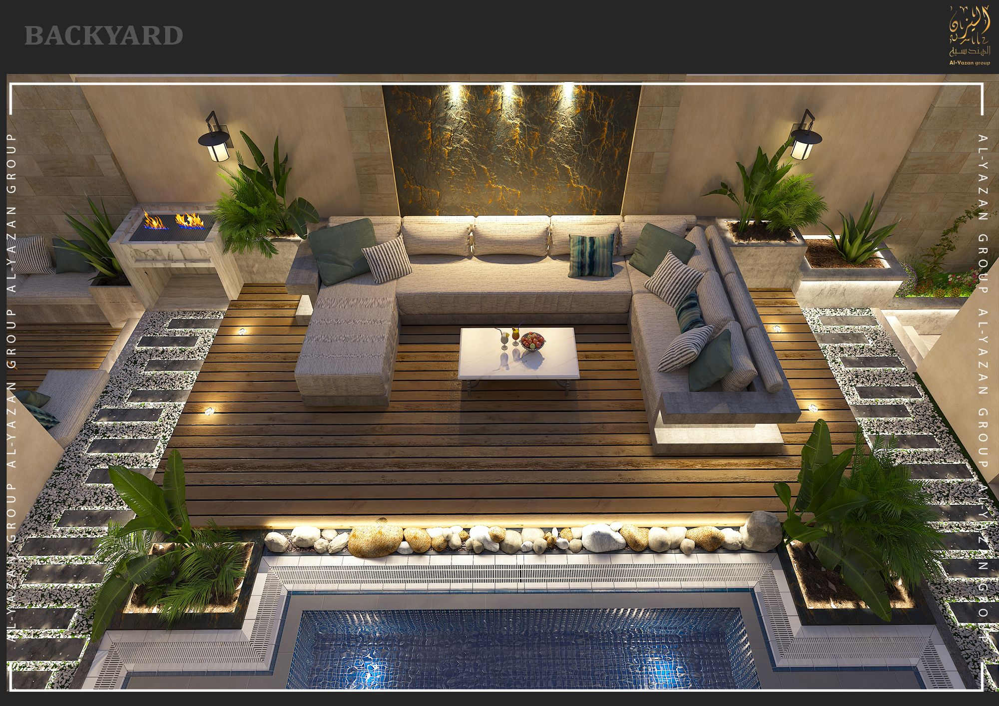 Established landscaped grounds with palms and pergola seating, Doha
