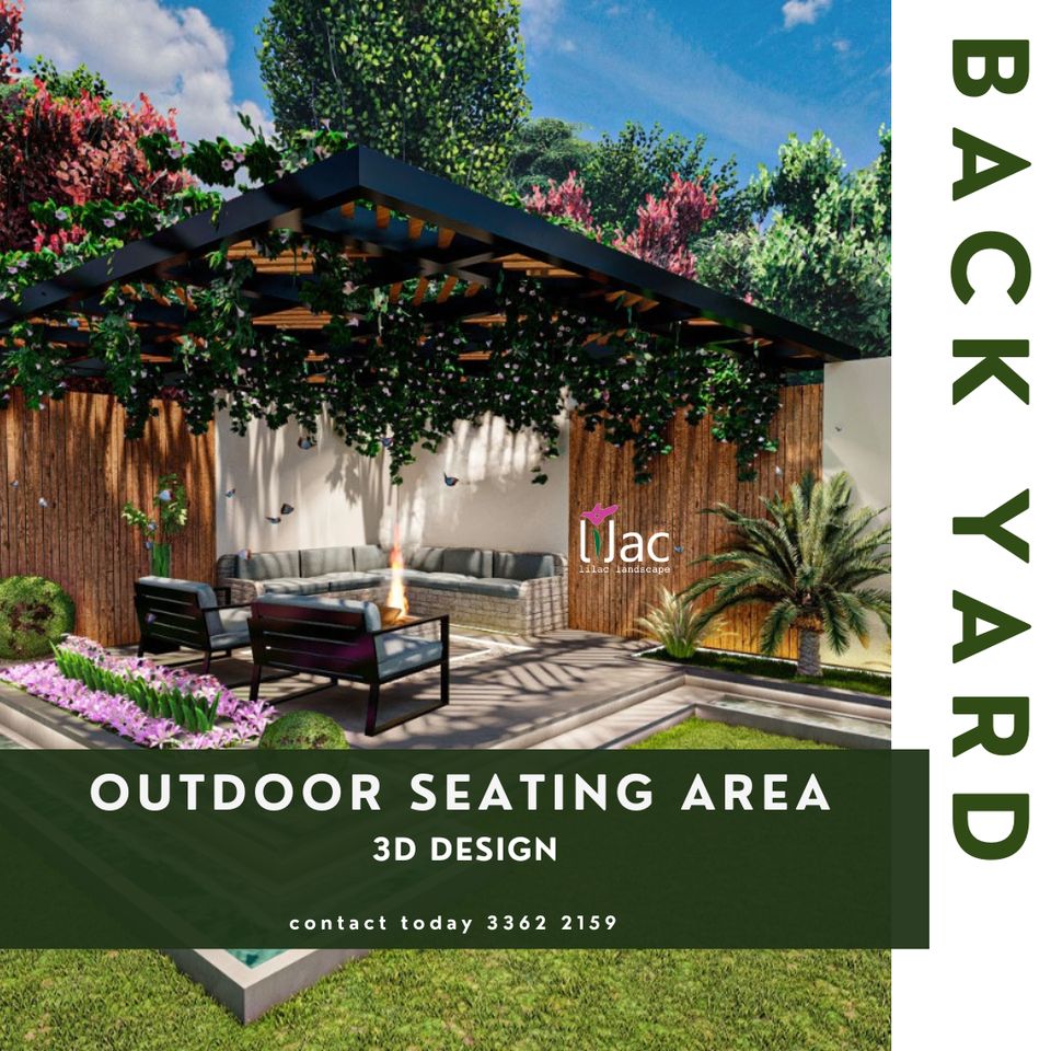 Outdoor landscaped seating area with greenery